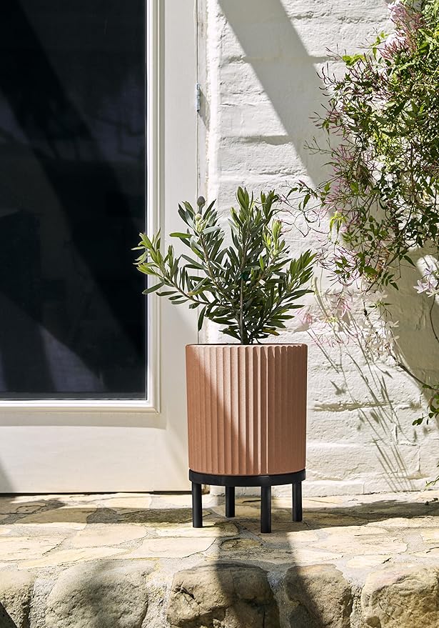 Veradek Demi Series Round Planter w/Stand for Porch/Patio | Durable Plastic-Stone Composite & Wooden Stand | Modern Décor for Tall Plants, Flowers