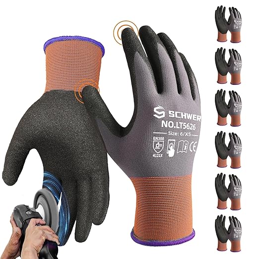 Schwer 6 Pairs Safety Work Gloves Sandy Nitrile Coated LT5626, Max Abrasion Resistant Heavy Duty Working Gloves with Grip for Men Women, Touch-Screen, for General Use, Mechanic, Construction, XS