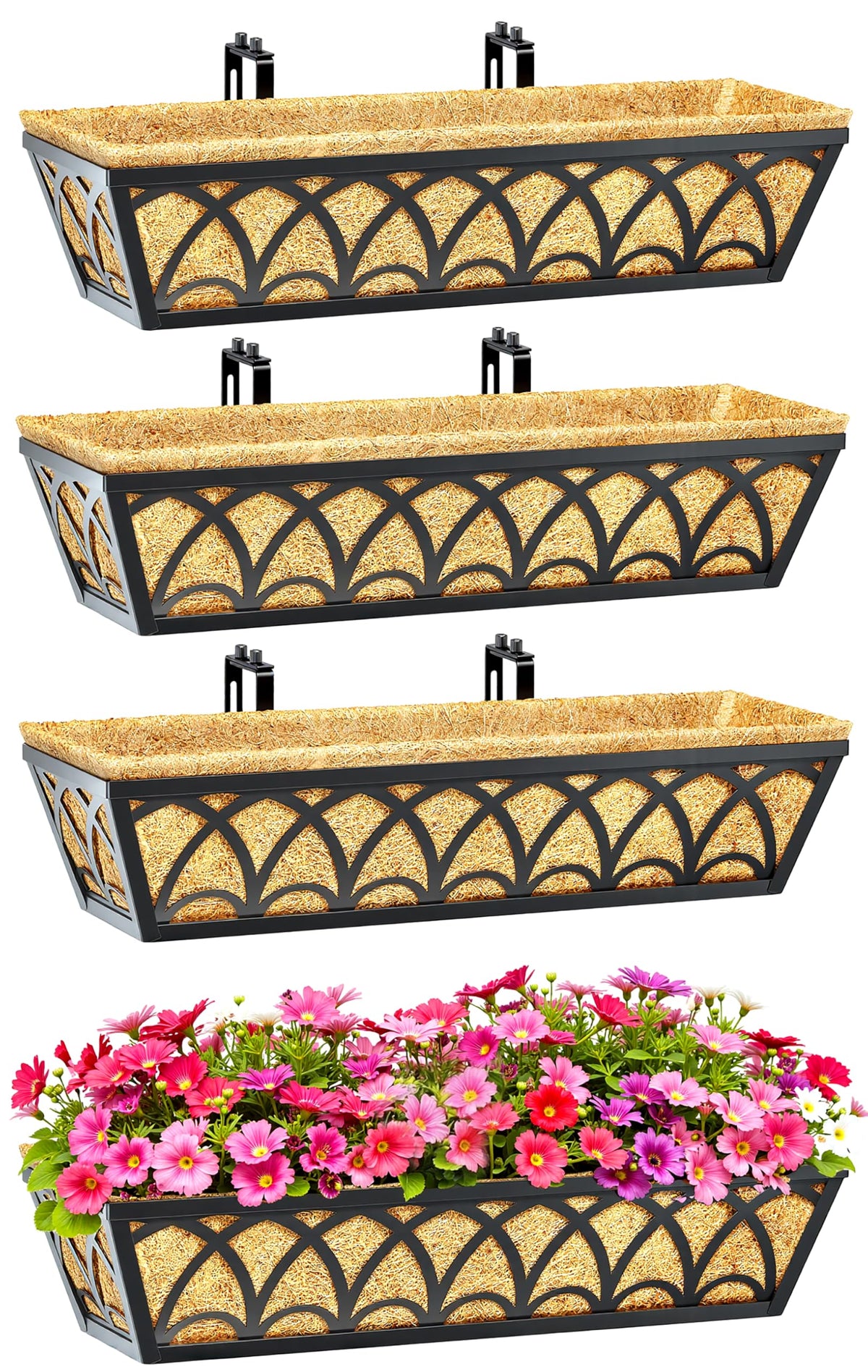 24 Inch Railing Planter Box Window Boxes Planters - 2 Pack Deck Railing Planter Boxes with Adjustable Brackets Coco Liners Balcony Planters Railing Hanging for Window Flower Boxes Outdoor Garden Decor