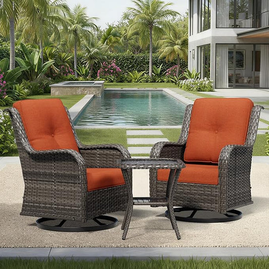 Joyside 3 Piece Wicker Patio Furniture Set, Outdoor Swivel Rocker Patio Chairs with High Back, Deep Seating, Wide Armrest, Thickened Cushions, Outdoor Furniture for Deck, Porch Use