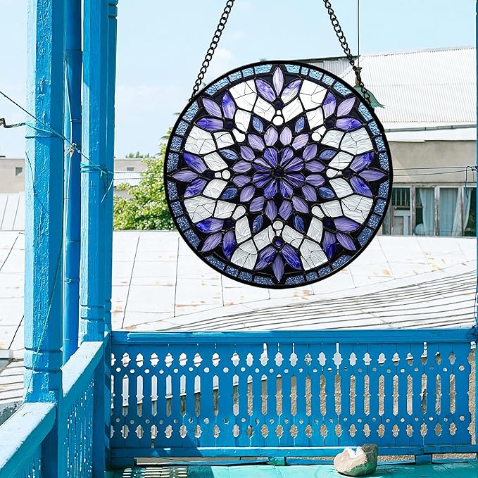 AMDERVEN Stained Glass Window Hanging, Purple Blue Tiffany Style Flowers Sun Catcher for Window Door Home Decor Suncatcher Christmas Mother's Day Birthday Gifts for Women Men Mom Nana 6.3 in