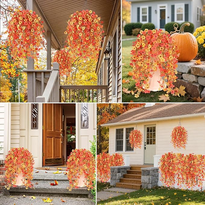 6 Bundles Artificial Fall Flowers for Outdoors Fake Plants Garden Home Fall Decor,UV Resistant Realistic Silk Faux Autumn Flower Indoor Outside Front Porch Patio Balcony Yard Farmhouse(Orange)