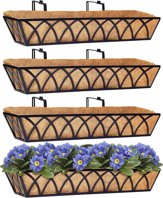 Y&M 30 Inch Window Deck with Coco Liner, Fence Metal Hanging Flower Planter Basket Deck Railing Planter Boxes for Outdoor Garden Lawn, 30" Window Boxes Horse Trough with Coconut Coir Liner,4pcs