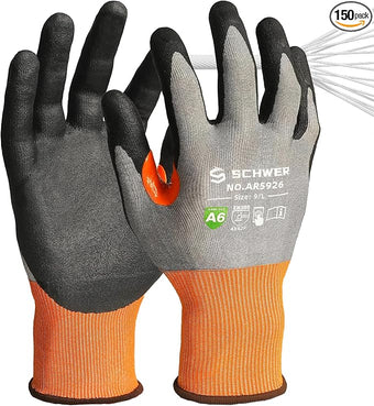 Schwer A6 AIR-SKIN Cut Resistant Work Gloves, Comfortable & Breathable, 21-Gauge Seamless Knit Flexible Safety Working Gloves with Grip for Refined Task, Touch-screen, Non PFAS, 150 Pairs, M, AR5926