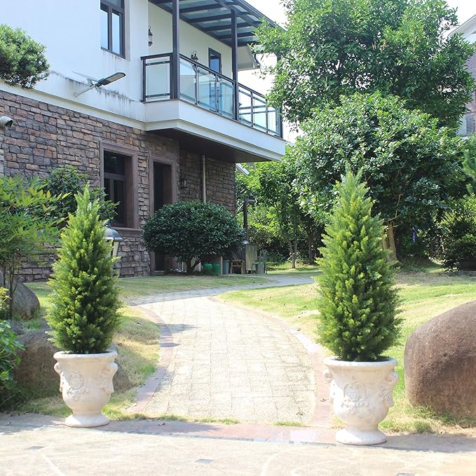 3ft Artificial Topiary Trees Artificial Cedar Trees UV Resistant Bushes Potted Set of 2 Faux Shrubs for Outdoor Indoor Front Porch Garden