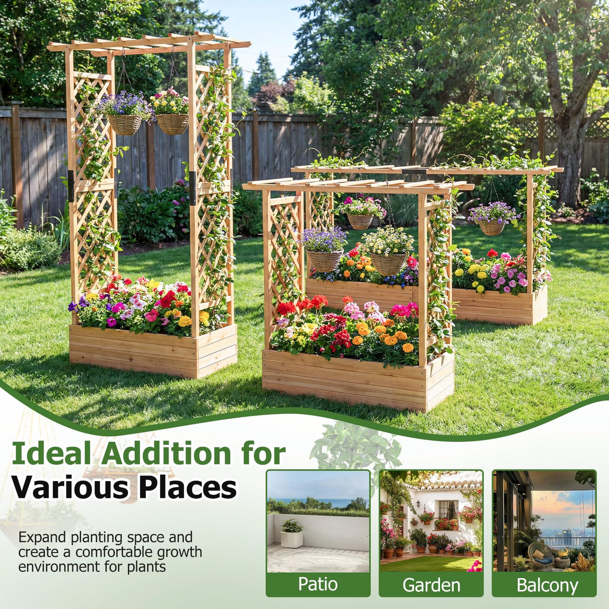 HAPPYGRILL 2 45" Raised Garden Bed with Trellis & Hanging Roof