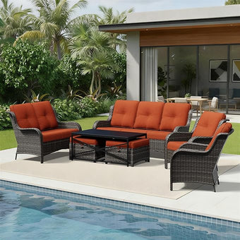 Joyside 7 Piece Wicker Patio Furniture Set, Rattan Patio Chairs with High Back, Deep Seating, Wide Armrest, Thickened Cushions, Outdoor Furniture for Deck, Porch Use