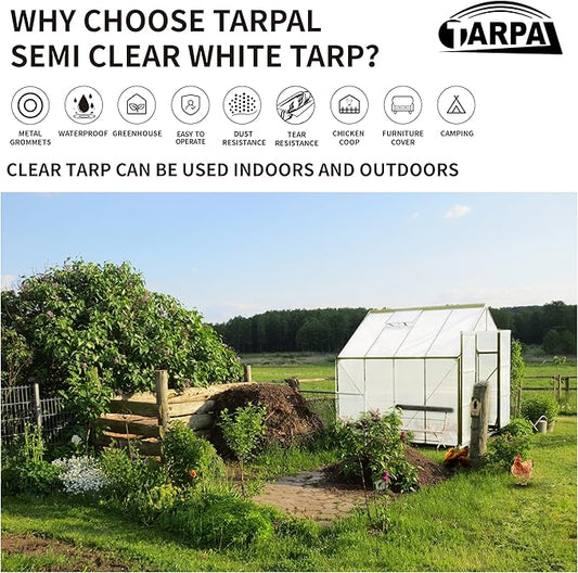 TARPAL 10'x12' Semi Clear White Tarp Waterproof Green House Cover with Grommets 7.5mil Clear Poly tarps for Gardening,Farm, Garden,Chicken Coops，Outdoor