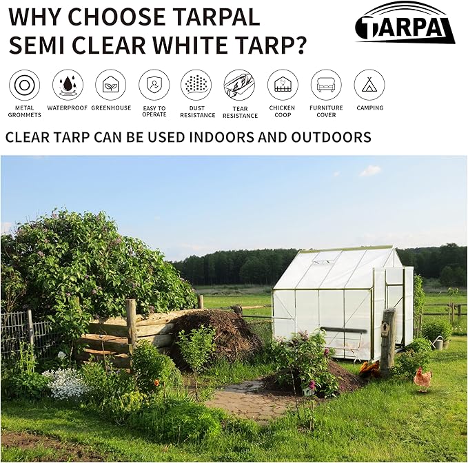 TARPAL 4'x8'（2pack） Semi Clear White Tarp Waterproof Green House Cover with Grommets 7.5mil Clear Poly tarps for Gardening,Farm, Garden,Chicken Coops，Outdoor
