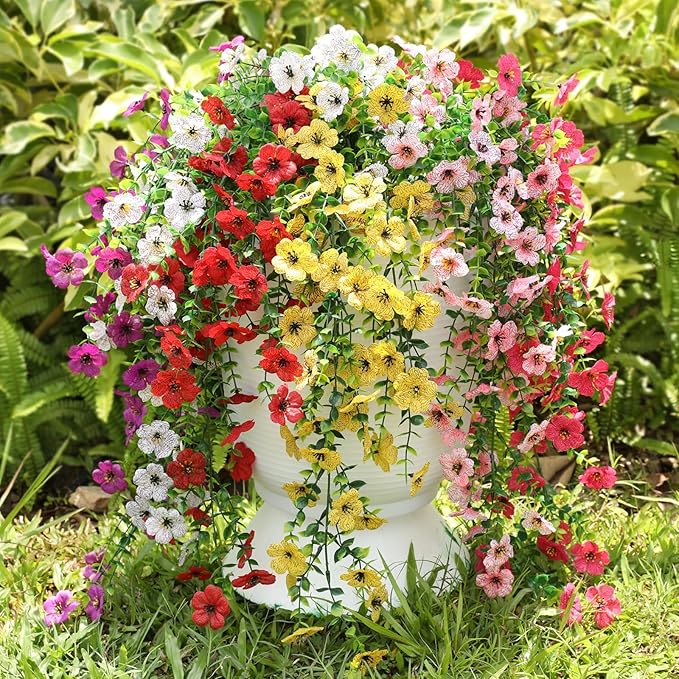 Playieer Artificial Hanging Flowers for Outdoors Faux Plants for Spring Summer Decoration,6 Bundles UV Resistant Realistic Silk Flowers Indoor Outside Garden Porch Patio Balcony Yard Farmhouse