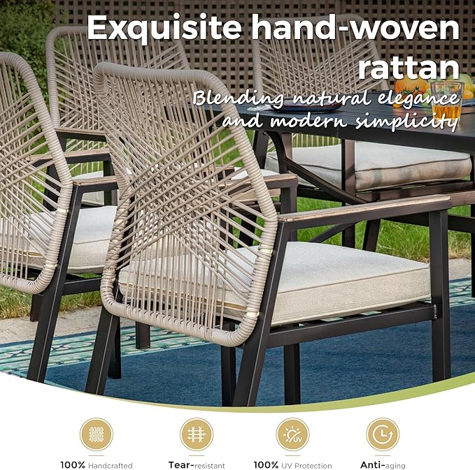 7 Pieces Outdoor Dining Set for 6, Patio Dining Set Wicker Rattan Chairs with Soft Cushion and Metal Rectangular Table, Wicker Patio Table and Chairs for Backyard Porch