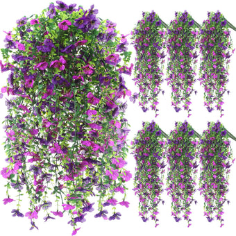 FineCheer 6 Pcs Fall Artificial Hanging Flowers Outdoor, Purple