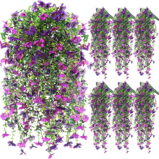 FineCheer 6 Pcs Fall Artificial Hanging Flowers Outdoor, Purple