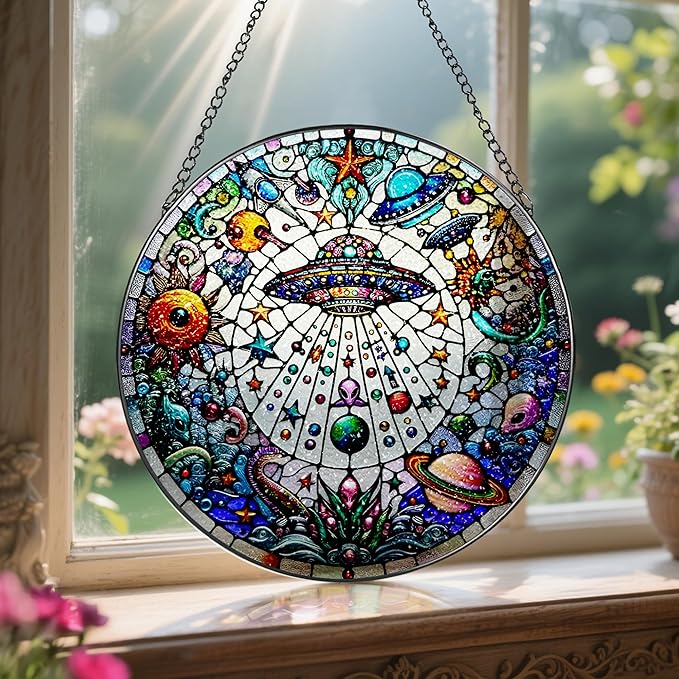 Stained Glass Window Hanging, LAOWEIKI 8'' UFO&Alien Suncatcher, Stained Glass Ornament, Suncatchers for Windows Hanging, Window Decor, Outdoor or Indoor, Gifts for Friends, Art Lover, Astronomer