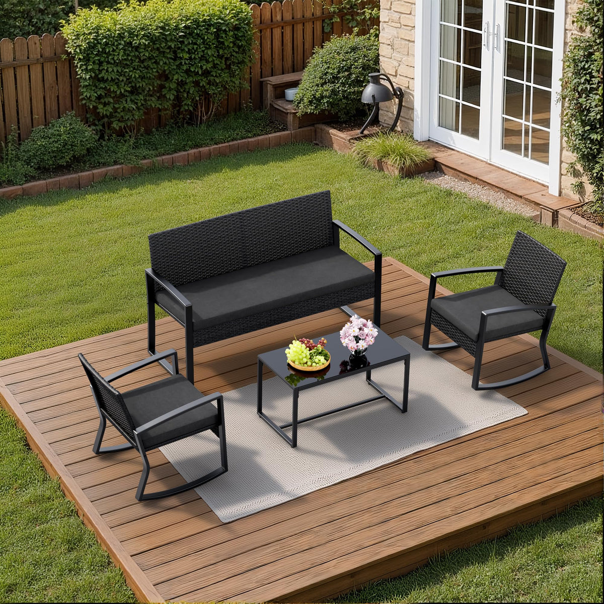 Ahomly 4 Piece Outdoor Patio Furniture Set with Rocking Chairs, Black