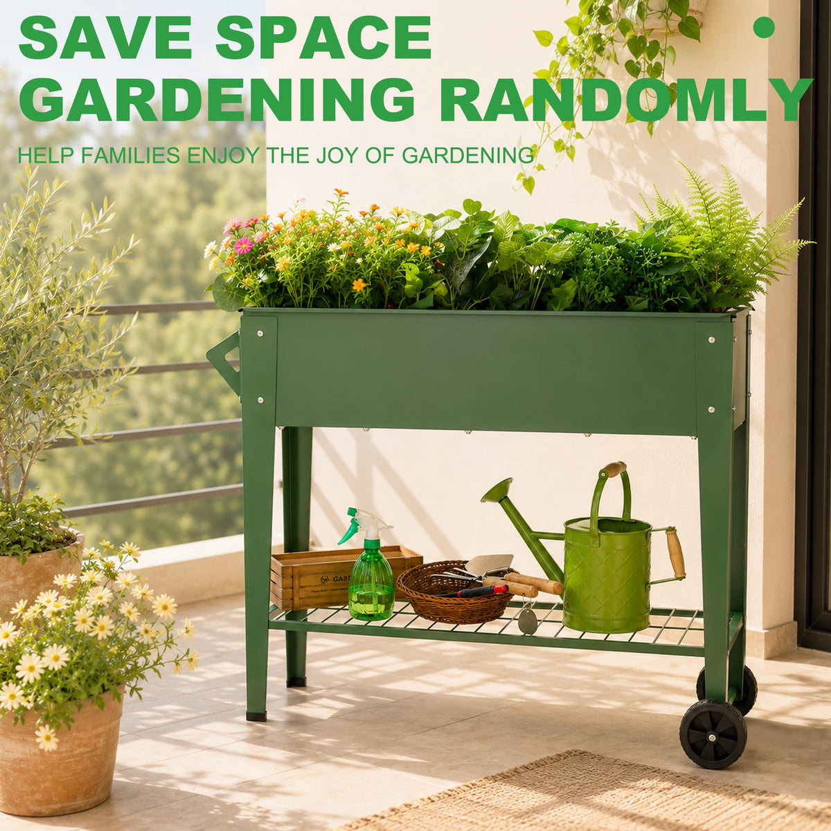 YKTEEDENS Raised Garden Bed with Legs and Wheels, Metal Outdoor, Green