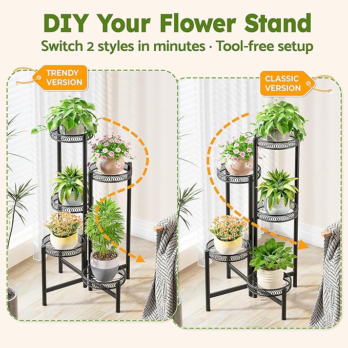 NQW Plant Stand Indoor Outdoor, 5 Tier Corner Metal Flower Display Holder Stand, Folding Tall Plant Rack for Patio Balcony Porch Garden Living Room House, Heavy Duty Wrought Iron Plant Shelf - BlackFlower