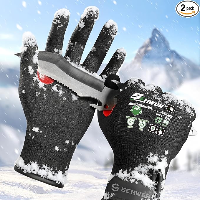 FreezeGuard Winter Work Gloves for Men and Women, ANSI A6 Cut Resistant Gloves With Super Grip, Freezer Glove for Work, Touchscreen, Thermal Insulated, Non PFAS, PR3388, Black Knight (M, 2 Pairs)