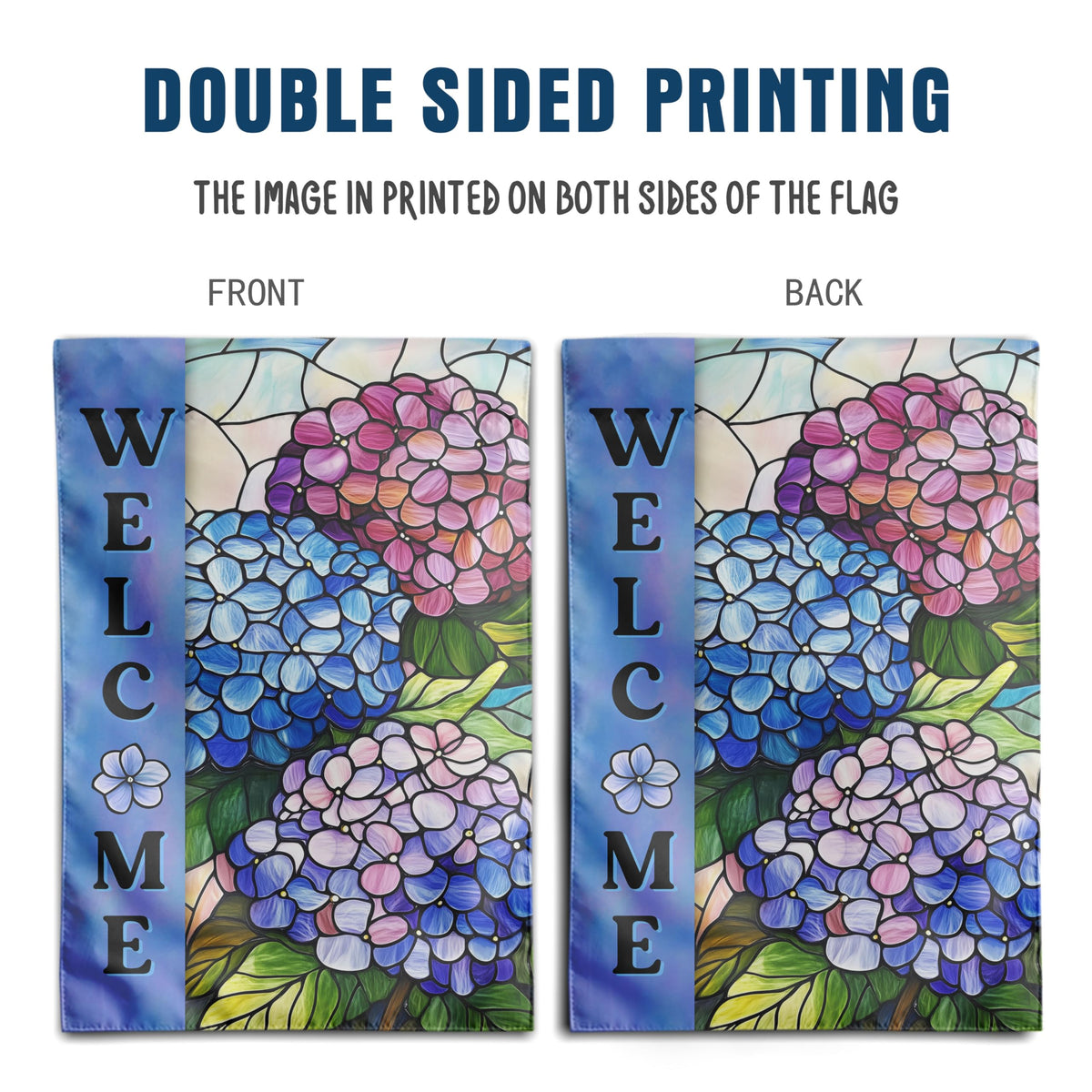 Hydrangea Spring Summer Garden Flag for Outside Stained Glass Flower Yard Decor 12x18 Double Sided Blue Floral Welcome Outdoor Banner