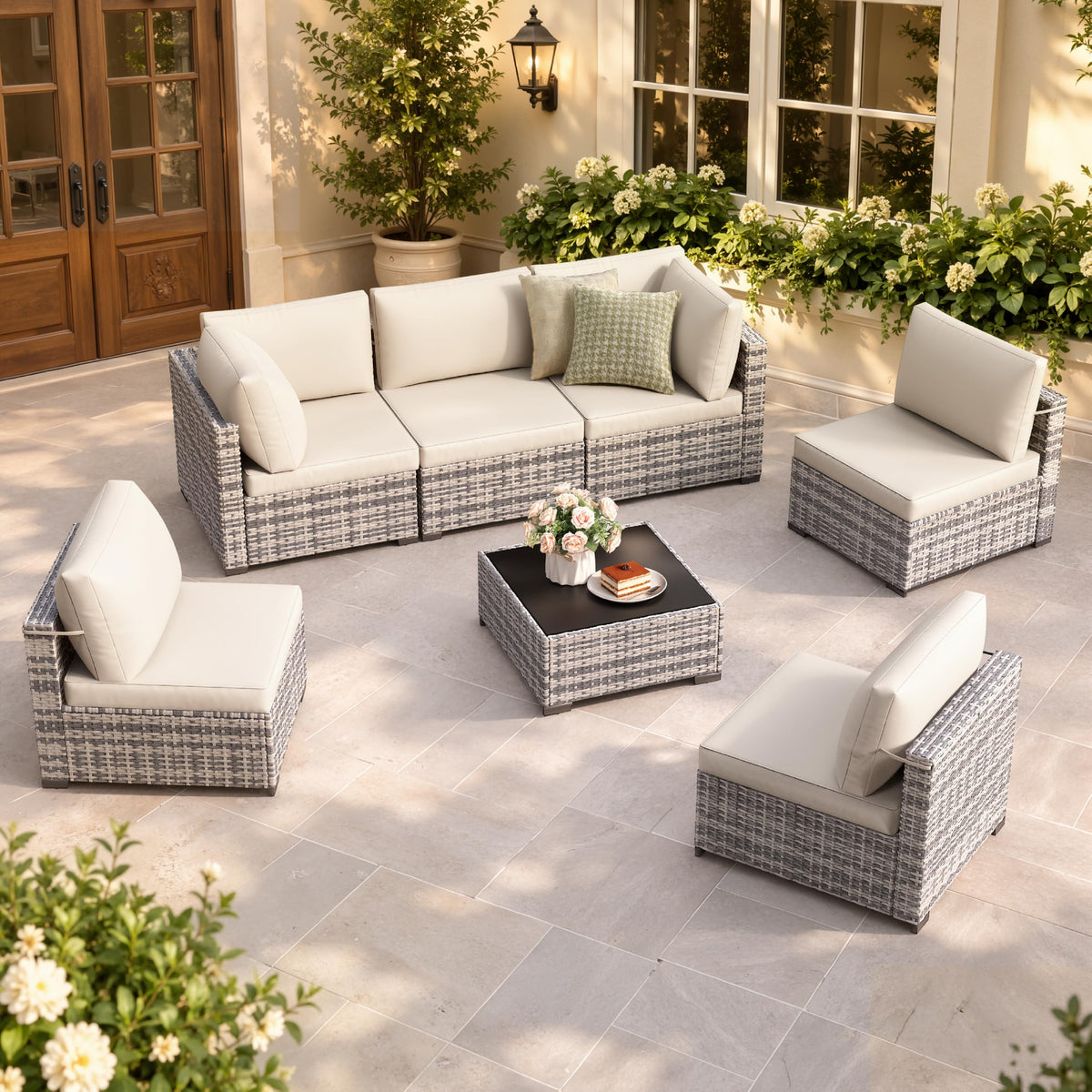 LOUVIXA 7 Piece Outdoor Patio Furniture Set, Outdoor Sectional Sofa, Wicker Rattan Patio Furniture, Patio Conversation Set with Coffee Table & Cushions