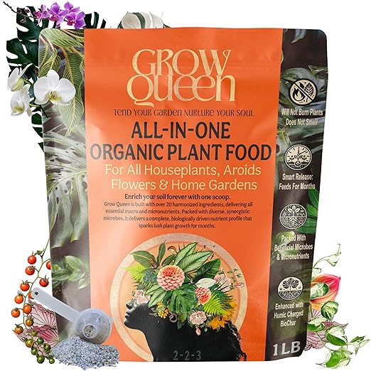 Grow Queen Organic Plant Food, Indoor Plant Food for Houseplants & Aroids, Organic Fertilizer for Flower & Vegetable Gardens, 1lb = 25 Servings, Feeds 50 gal Instantly and Slow Release