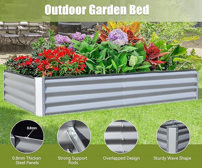 Domi Galvanized Raised Garden Bed, Outdoor Planter Garden Boxes Large Metal Planter Box for Gardening Vegetables Fruits Flowers, Silvery (8x4x1ft)