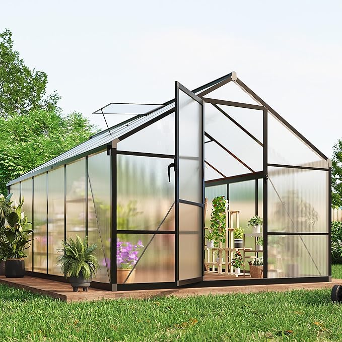 8X12 FT Outdoor Polycarbonate Greenhouse, Sturdy Aluminum Frame, Adjustable Roof Vent, Ideal for Backyard, Patio, or Garden, All-Weather Green House for Growing Plants and Vegetables