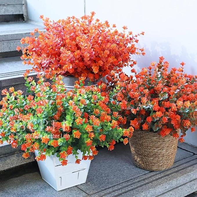 BCBLF Artificial Flowers for Outdoors, 12 Bundles UV Resistant Realistic Faux Plants for Outside Porch Planter, Spring Summer Home Garden Decoration, Red Orange