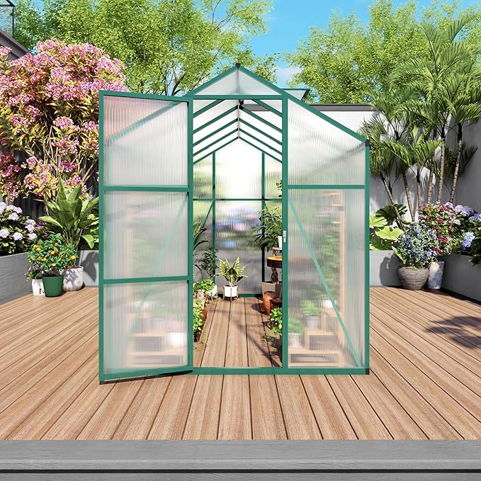6x10 FT Greenhouse,Outdoor Greenhouse W/ Roof Vent,Walk-in Aluminum Polycarbonate Green Houses W/ Drainage System & Ground Nails,for Outside Garden,Backyard,Patio,Lawn,Green