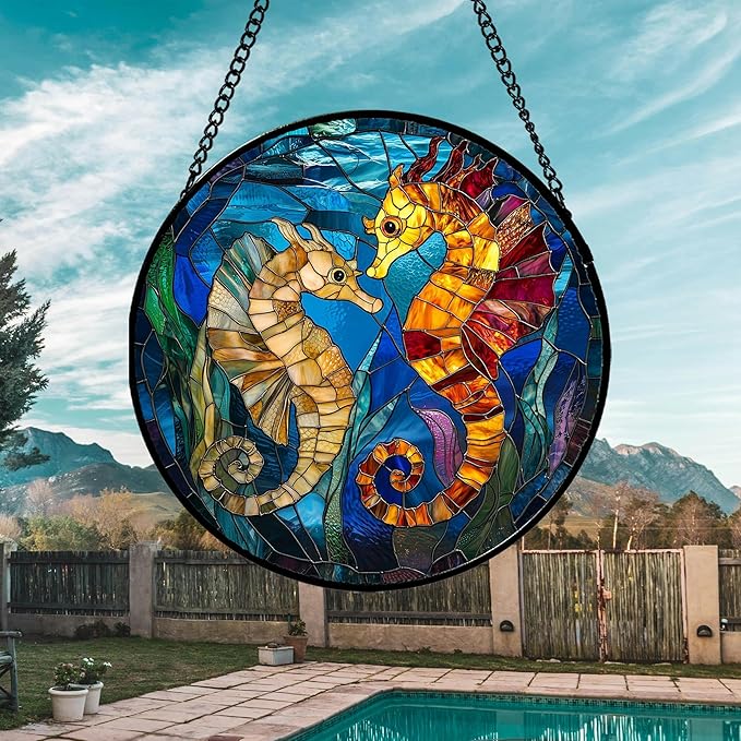 Stained Glass Window Hanging - Blue Ocean Orange Seahorse Suncatcher for Door Terrace Garden Home Decor, Marine Life Sun Catcher Birthday Gifts for Lovers Women Men Dad Mom Nana 7.8 in