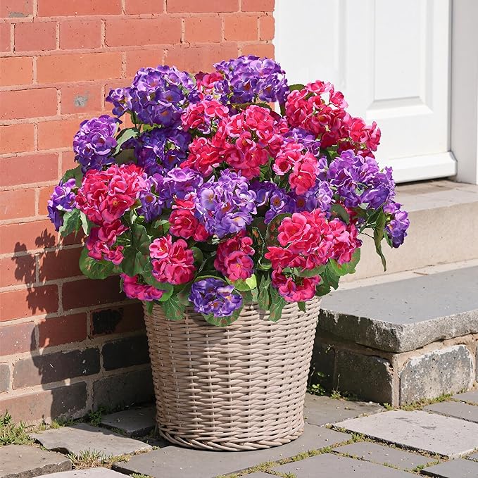 Artificial Geranium Fake Flowers for Outdoors Decoration, 6 Bundles Silk Geraniums Flower UV Resistant Look Real Faux Plants for Front Door Garden Porch Planter Patio Balcony Yard Indoor Home, Mix