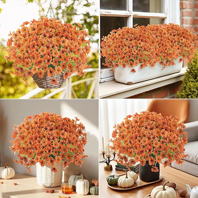 Uieke 16 Bundles Artificial Fall Flowers No Fade Faux Autumn Plants, Fake Indoor Outdoor Greenery for Thanksgiving Table Centerpiece Christmas Wedding Party Home Garden Fireplace Décor (Orange)