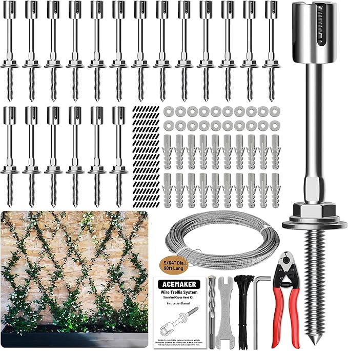 Acemaker Wire Trellis for Climbing Plants Outdoor, 20-Set Wall Wire Trellis Kit with 5/64"(2mm) x 98ft Stainless Steel Cable & Cutter, T316 Espalier System for Fence and Garden DIY Projects