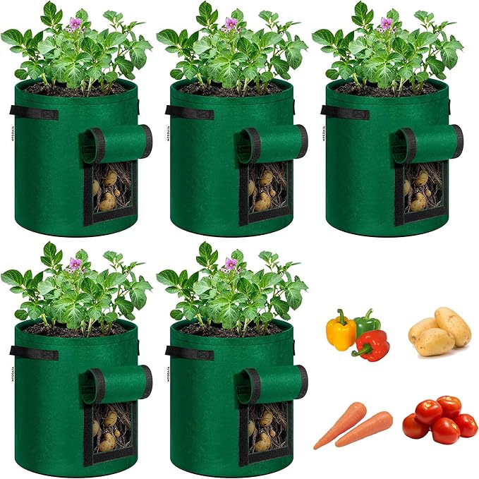 VIVOSUN 5-Pack 10 Gallon Potato Grow Bags for Growing Potatoes, Fabric Potato Pots with Handle and Roll-up Window, Potato Growing Containers Potato Planter Potato Planter for Growing Potatoes, Green