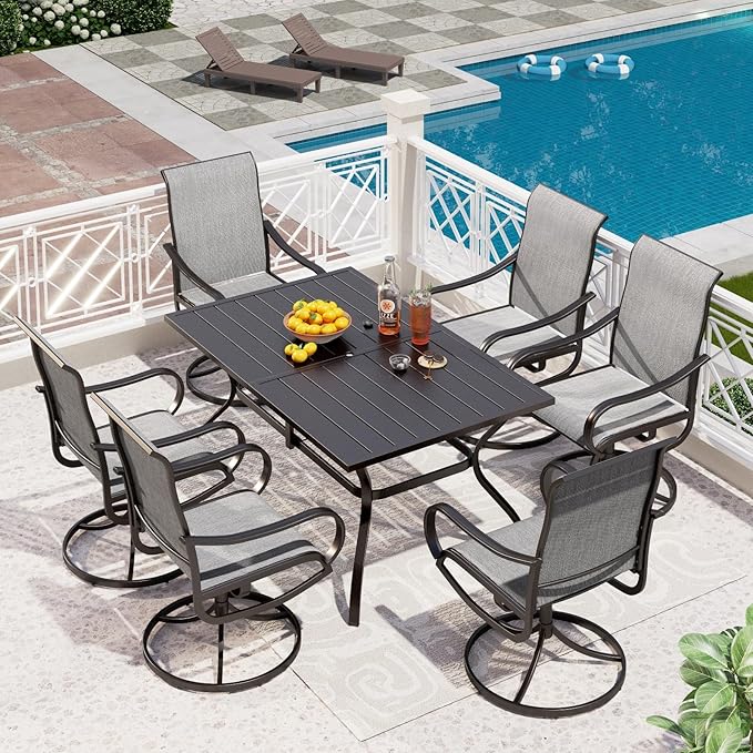 PHI VILLA Patio Dining Set for 6, Large Metal Table and 6 Outdoor Swivel Dining Chairs with Textilene Mesh Fabric, All Weather Patio Dining Furniture Set for Deck Lawn Garden (Gray)