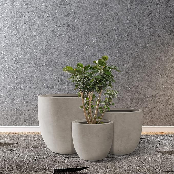 Kante 20",16.5",13.4" Dia Round Concrete Planters (Set of 3), Outdoor Indoor Modern Decorative Plant Pots with Drainage Hole & Rubber Plug for Home & Garden, Weathered Concrete