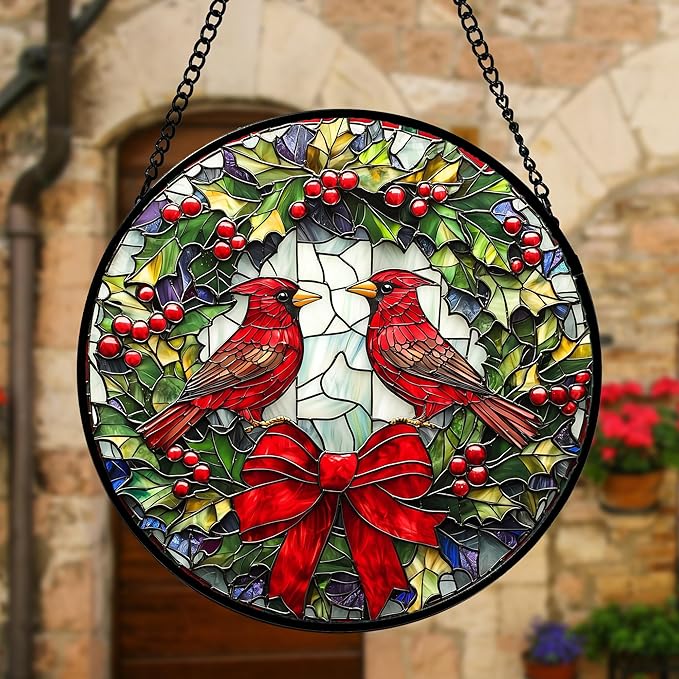 DASTOLL Stained Glass Window Hanging - Cardinals Green Wreath Suncatcher for Doors Home Christmas Decoration Red Bird Sun Catcher Thanksgiving New Year Birthday Gift for Women Men Mom Nana 6.3 in