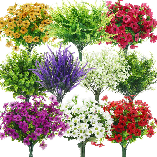 Thiccywoov 60 Pcs Artificial Outdoor Flowers UV Resistant Faux Plastic Plants Bulk Mixed Lavender Baby's Breath Eucalyptus Daisy Greenery Stems for Garden Patio Porch Window Box Home Wedding Decor