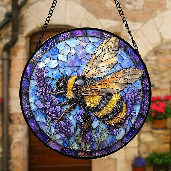 DASTOLL Stained Glass Window Hanging, Bee Lavender Sun Catchers Diamond Glass Panel Hangings Insect Suncatcher Decor for Birthday for Women, Men, Wife, Aunt, and Mom 11.8x11.8 in
