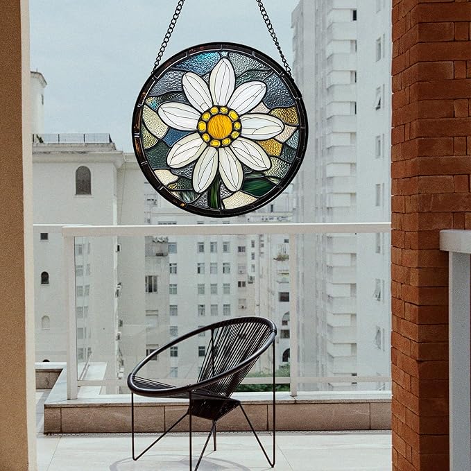 HWRHTR Stained Glass Window Hanging - Yellow White Daisy Birth Flower Suncatcher for Door Garden Yard Sun Catchers Decor Christmas Mother's Day Birthday Gifts for Teacher Women Mom Nana 6.3 in