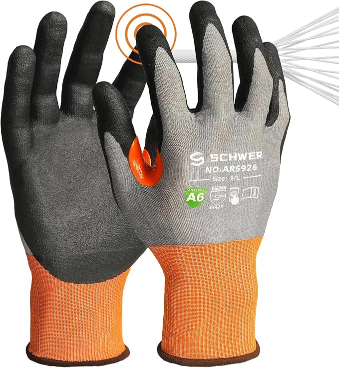 Schwer A6 AIR-SKIN Cut Resistant Work Gloves, Comfortable & Breathable, 21-Gauge Seamless Knit Flexible Safety Working Gloves with Grip for Refined Tasks, Touch-screen, Non PFAS, 1 Pair, L, AR5926