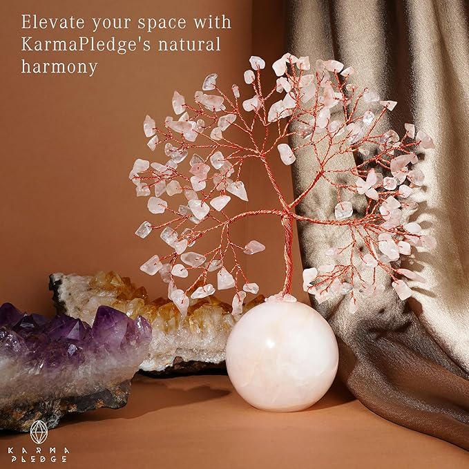 KARMAPLEDGE Rose Quartz Crystal Tree of Life Gifts for Women, Office Decor, Healing Crystal and Stones Chakra Tree for Positive Energy, Reiki Healing, Meditation, Good Luck, Spiritual, Birthday Gifts