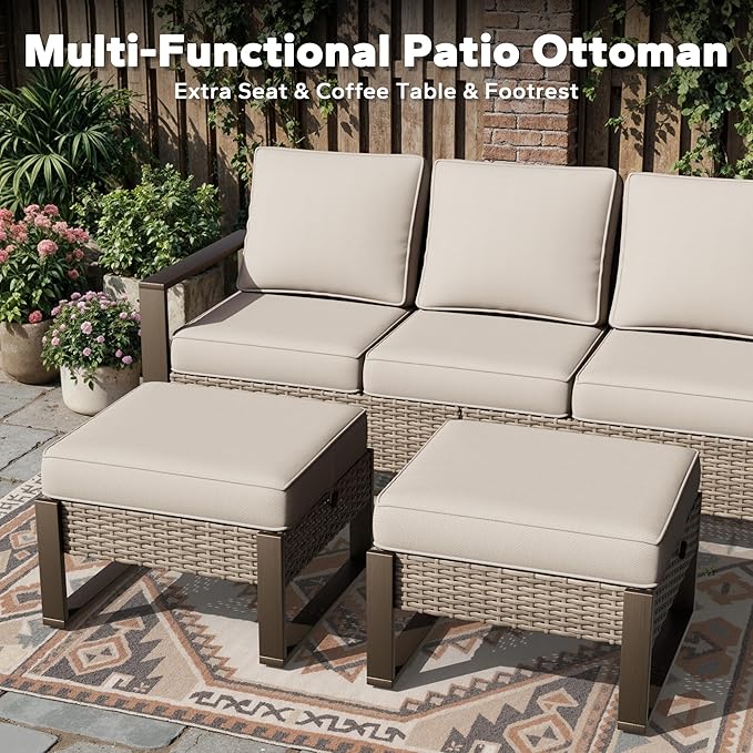 Outdoor Patio Swivel Rocker Chairs, 5 Pieces Wicker Furniture Set, 2 Swivel Rocking Chairs, 2 Ottoman and 1 Table, Metal Wide Armrest, Thick Cushions and Deep Seating for Garden, Backyard, Porch, Deck