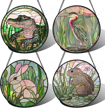 DASTOLL Stained Glass Window Hanging 4 Pcs Set Cute Animal Large 15"- Green Plant Pink Suncatcher Door Garden Sun Catcher Decor Birthday Christmas for Mom Woman Nana Men Friend