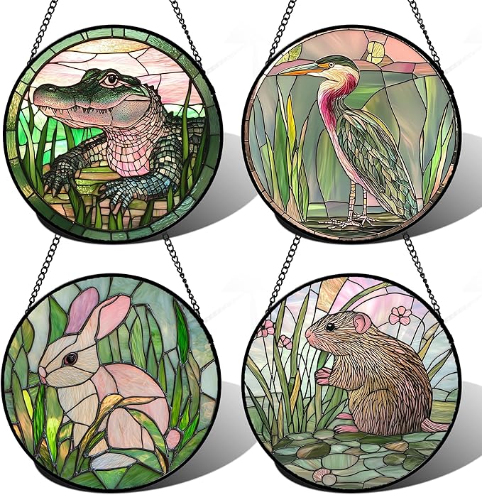 DASTOLL Stained Glass Window Hanging 4 Pcs Set Cute Animal 6.3"- Green Plant Pink Suncatcher Door Garden Sun Catcher Decor Birthday Christmas for Mom Woman Nana Men Friend