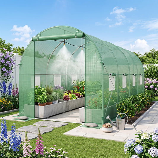 Giantex 15 x 7 x 7 ft Walk-in Tunnel Greenhouse with Watering System, Green