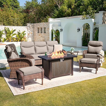 Belord Upgraded 6“ Cushion Luxury Patio Furniture Set with Fire Pit Table - 7 Piece Wicker Furniture Set with High Back Swivel Rocker Patio Chairs, Conversation Set for Deck Porch Yard - Brown/Beige