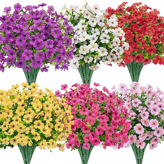 Bassion Artificial Flowers for Outdoors, 24 Bundles UV Resistant Fake Flowers Realistic Silk Faux Plants for Outdoor Planter Window Box Porch Patio Garden Home Outside Decorations
