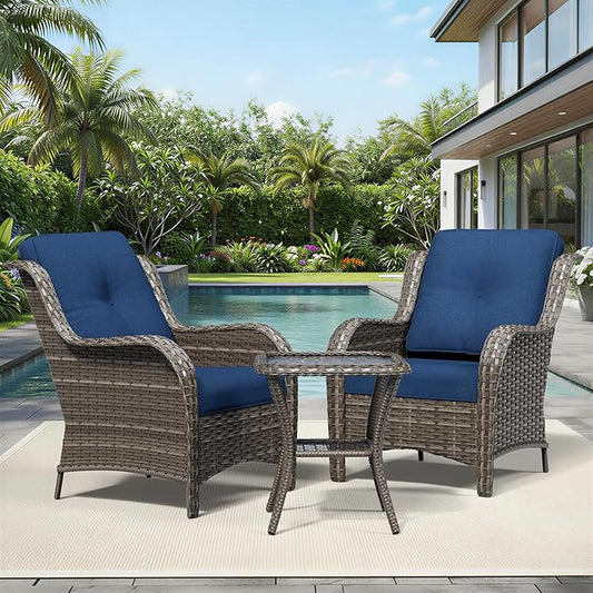 Joyside 3 Piece Wicker Patio Furniture Set, Rattan Patio Chairs with High Back, Deep Seating, Wide Armrest, Thickened Cushions, Outdoor Furniture for Deck, Porch Use