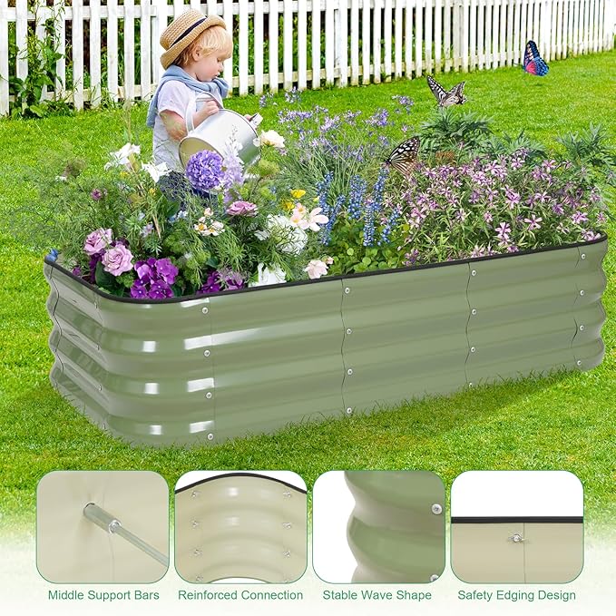 1MORE Raised Garden Bed -4X2X1 Galvanized Planter Box for Outdoor Gardening,3 in 1 Modular Raised Bed Kit with Protective Tape, Gloves for Herb，Ideal for Vegetables and Plants.Green-1Pcak